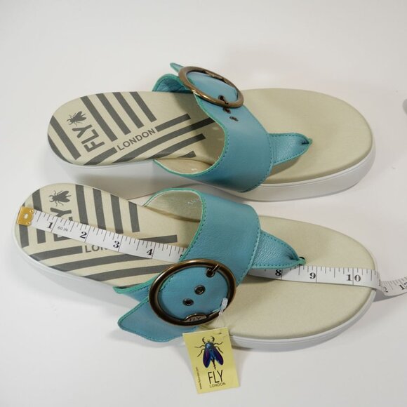 FLY LONDON Dafi SANDALS EU 41 10 10.5 Platform Wedge Thong Turquoise Leather NEW - Picture 14 of 15